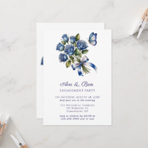 Blue Roses Butterfly Silver Engagement Party Invitation