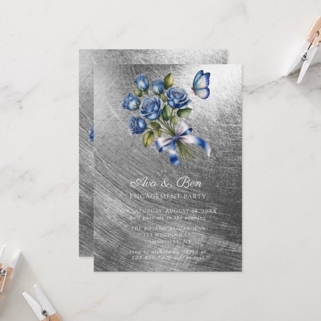 Blue Roses Butterfly Silver Engagement Party Invitation (Front/Back In Situ)