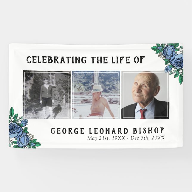 Blue Roses Celebration of Life 3 Photos Funeral Banner (Horizontal)