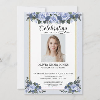 Blue Roses Celebration of Life Memorial Photo Invitation