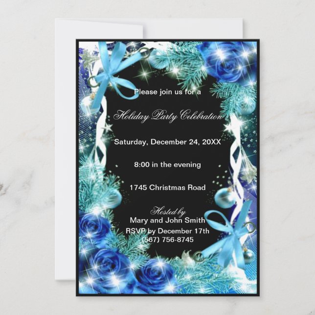 Blue Roses Christmas Party Invitation (Front)