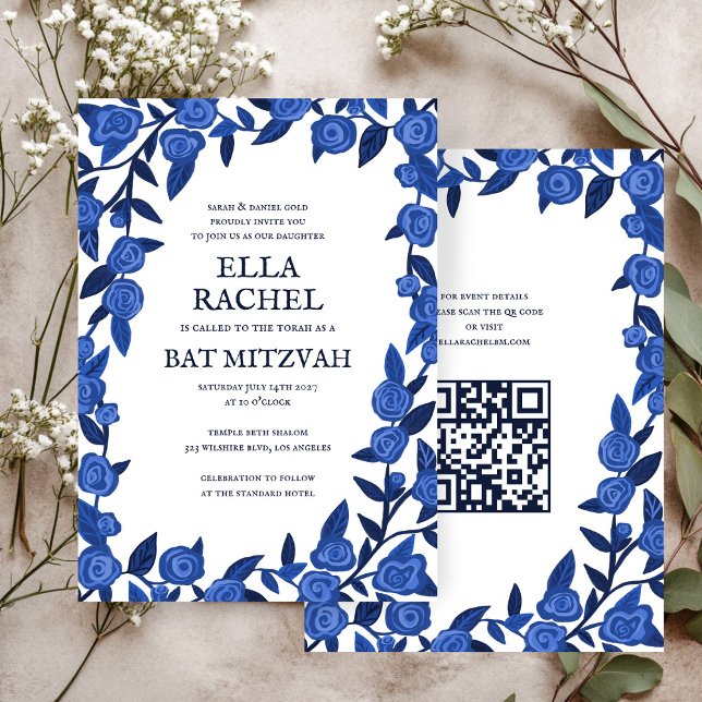 Blue Roses Custom Bat Bar Mitzvah QR Code Girl Invitation (Blue Roses Custom Bat Bar Mitzvah QR Code Girl Invitation
)