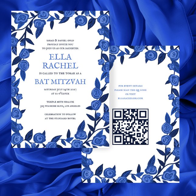 Blue Roses Custom Bat Bar Mitzvah QR Code Girl Invitation (Blue Roses Custom Bat Bar Mitzvah QR Code Girl Modern Invitation
)