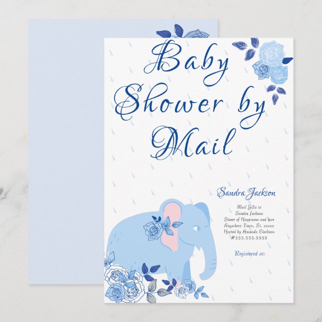 Blue Roses Cute Elephant Boy Baby Shower Invitation (Front/Back)