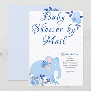 Blue Roses Cute Elephant Boy Baby Shower Invitation