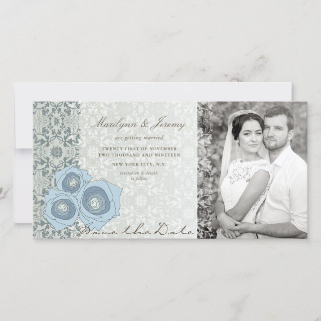 Blue Roses Damask Lace Elegant Chic Wedding Photo Save The Date (Front)