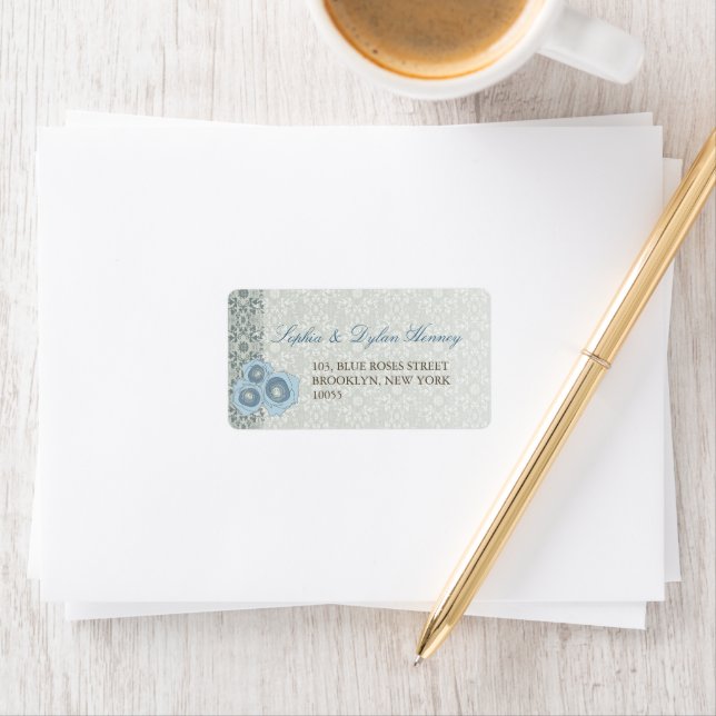 Blue Roses Damask Lace Elegant Wedding Address Label (Insitu)