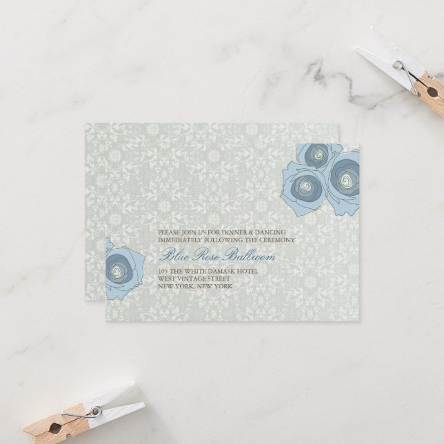Blue Roses Damask Lace Elegant Wedding Reception Invitation (Front/Back In Situ)