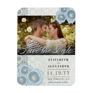 Blue Roses Damask Lace Photo Save The Date Magnet