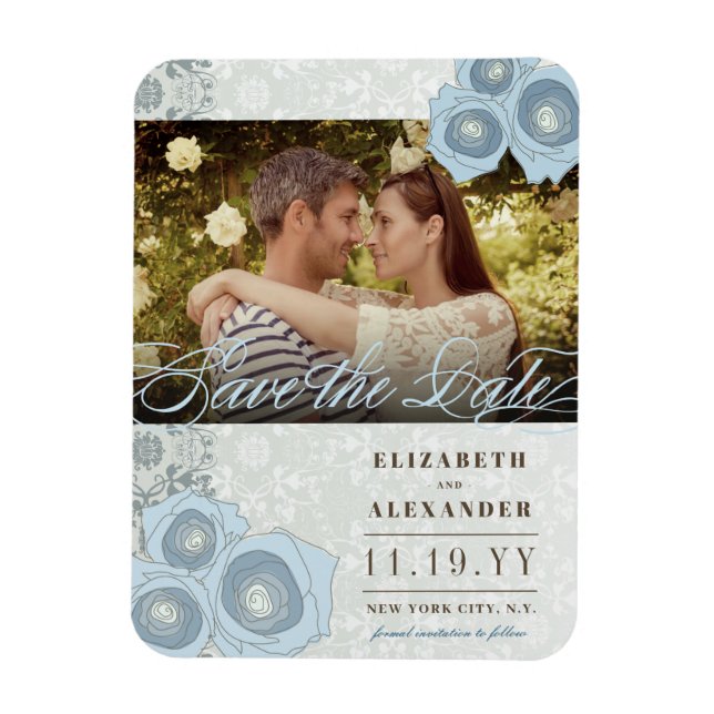 Blue Roses Damask Lace Photo Save The Date Magnet (Vertical)