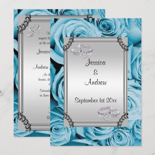 Blue Roses & Diamond Wedding Rings Invitation (Front/Back)