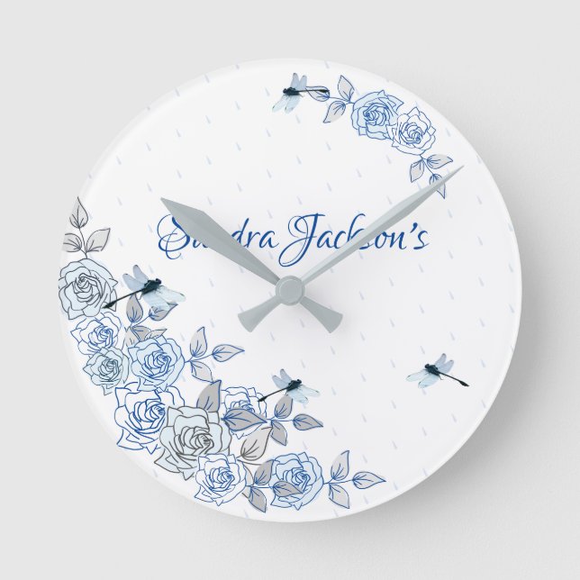 Blue Roses Dragonfly Boy Baby Shower Gift Round Clock (Front)