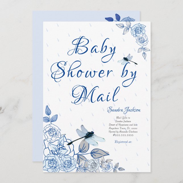 Blue Roses Dragonfly Boy Baby Shower Invitation (Front/Back)
