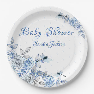 Blue Roses Dragonfly Boy Baby Shower Paper Plate