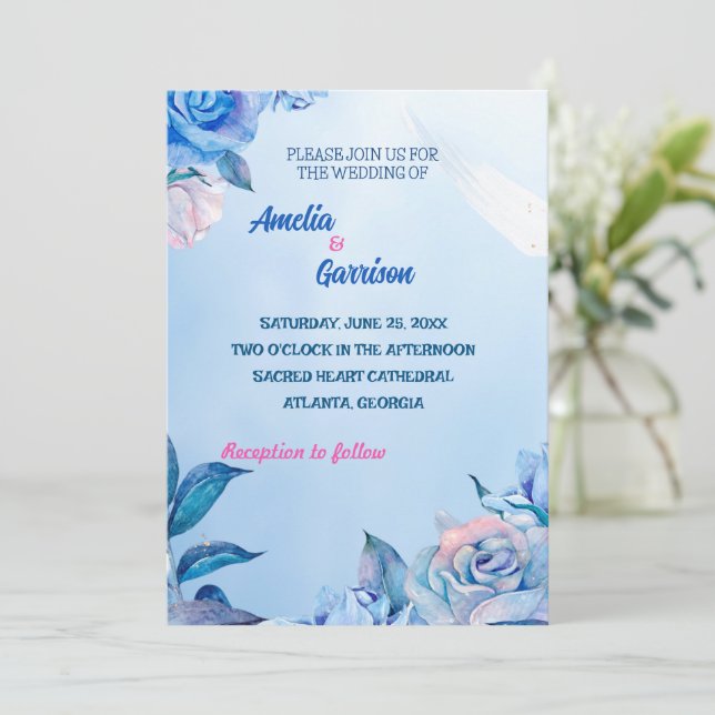 Blue roses drawing Wedding Card (Standing Front)