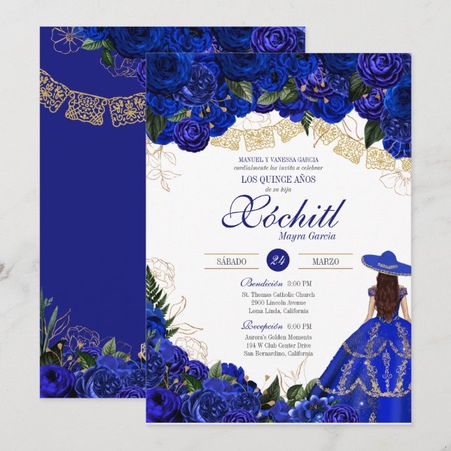 Blue Roses Elegant Charro Quinceanera Invitation (Front/Back)