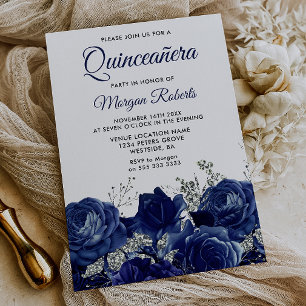 Blue Roses Elegant Silver Quinceanera Invitation