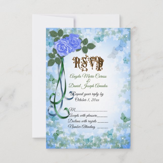 Blue Roses elegant Spring Wedding RSVP card (Front)