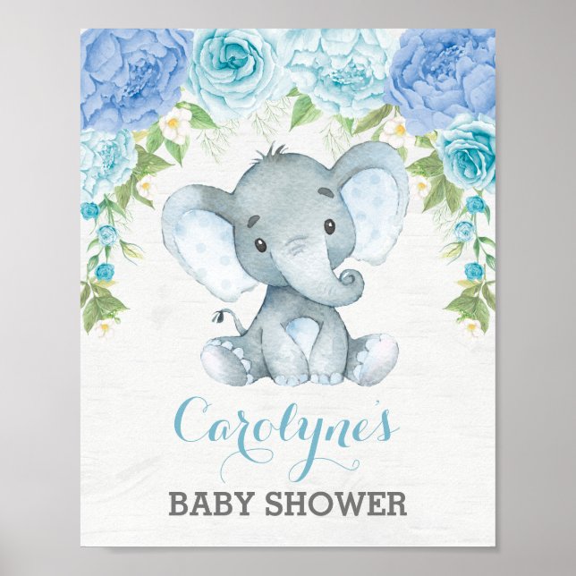 Blue Roses Elephant Boy Baby Shower Welcome Poster (Front)