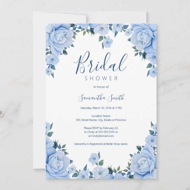 Blue Roses floral  bridal shower Invitation (Front)
