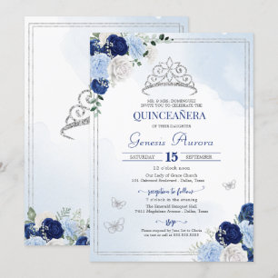 Blue Roses Floral Butterfly Quinceañera Invitation
