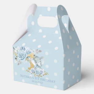Blue Roses Floral Elephant Boy 1st Birthday Favour Box
