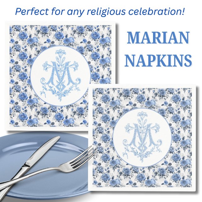 Blue Roses Floral Marian Cross Religious Mary Napkin (Creator Uploaded)