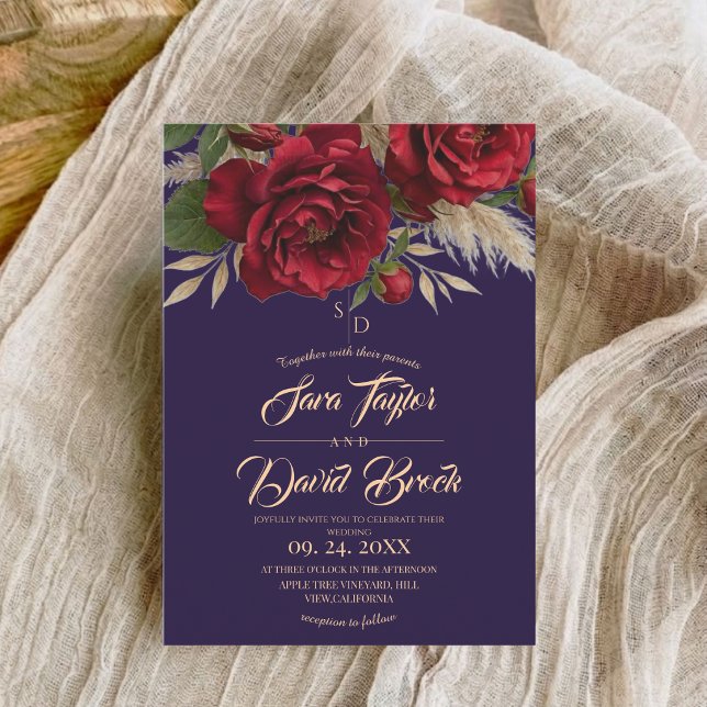 Blue & Roses Floral Modern Boho Wedding  Invitation (Creator Uploaded)