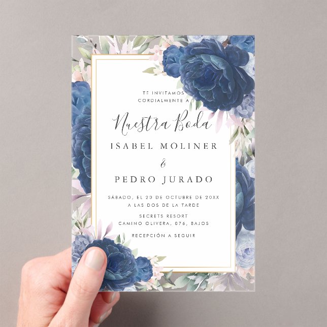 Blue Roses Floral Nuestra Boda Spanish Wedding Acrylic Invitations (Insitu (Handheld))