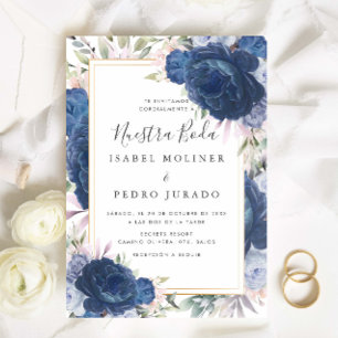 Blue Roses Floral Nuestra Boda Spanish Wedding Invitation