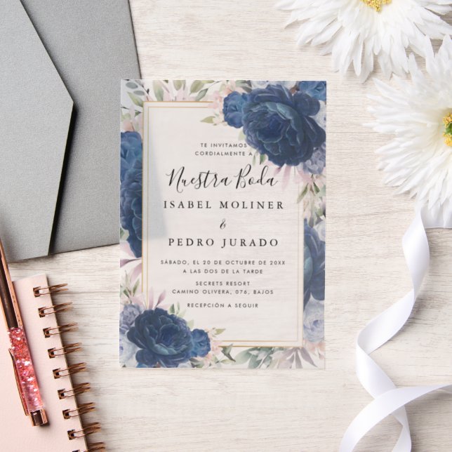 Blue Roses Floral Nuestra Boda Spanish Wedding Vellum Invitations (Wedding)