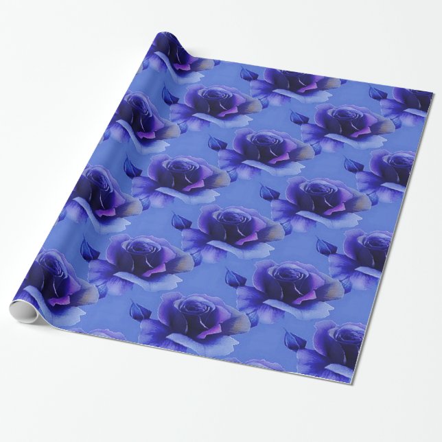 Blue Roses Floral Pattern Wrapping Paper (Unrolled)