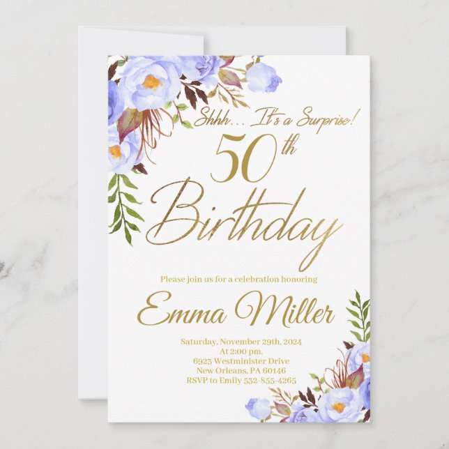 Blue Roses Floral Surprise 50th Birthday Party Invitation (Front)