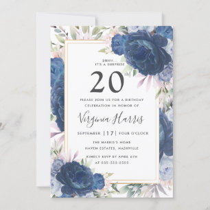 Blue Roses Floral Twenty 20th Birthday Invitation