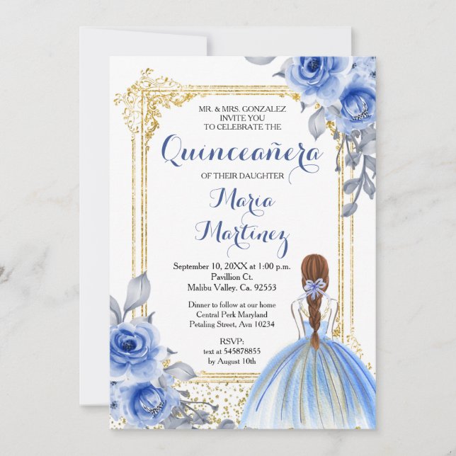 Blue Roses Flowers Quinceañera Invitation (Front)