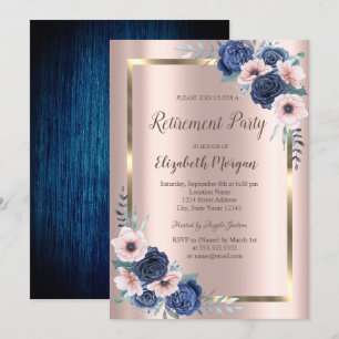 Blue Roses,Frame,Rose Gold Retirement Invitation