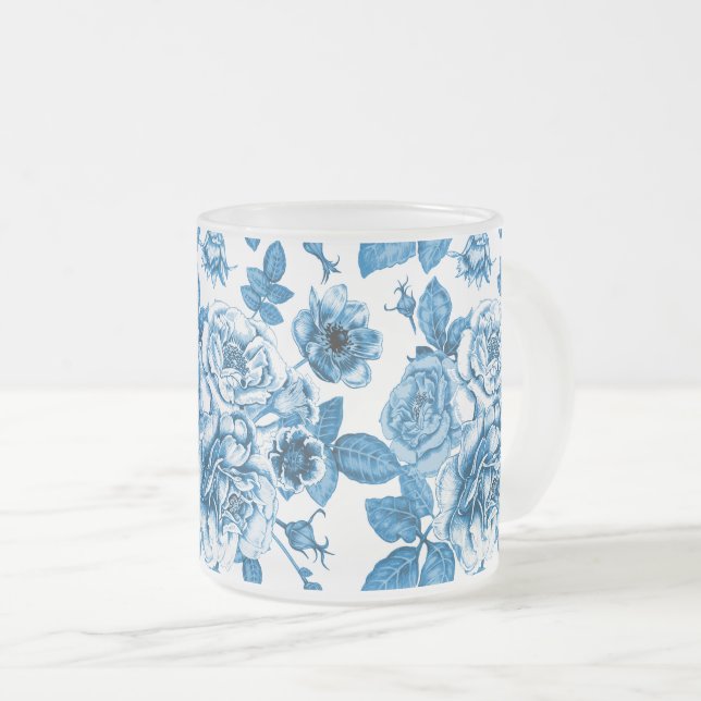Blue Roses Frosted Glass Coffee Mug (Front Right)