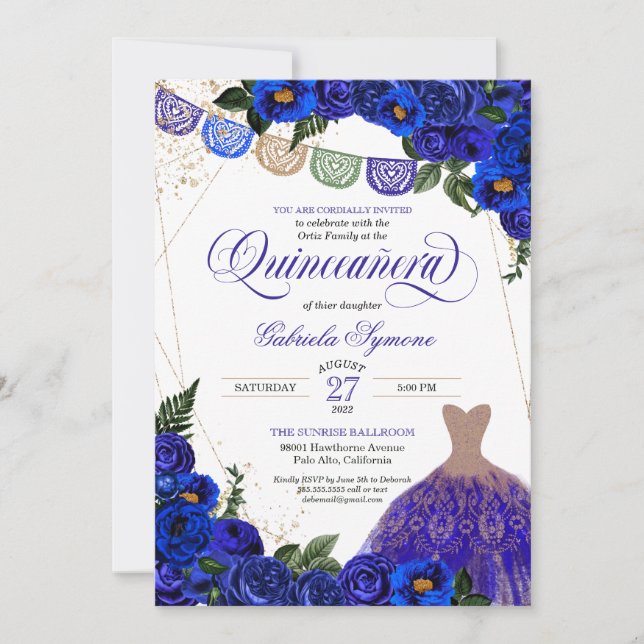 Blue Roses Glitter Dress Fiesta Quinceañera Invita Invitation (Front)