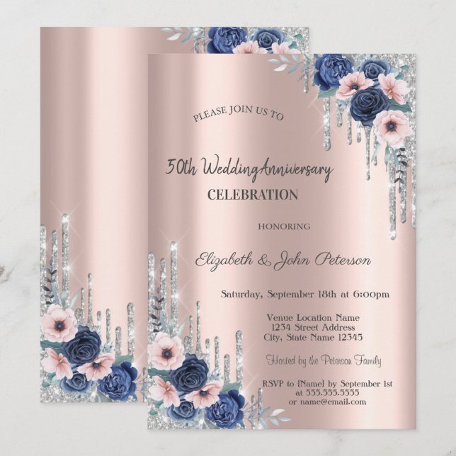 Blue Roses Glitter Drips Rose Gold Anniversary Invitation (Front/Back)