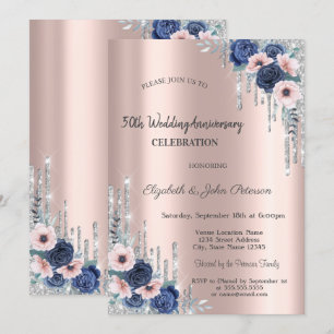 Blue Roses Glitter Drips Rose Gold Anniversary Invitation