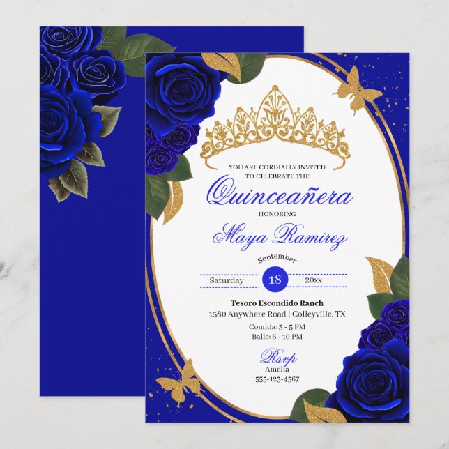 Blue Roses Gold Glitter Butterfly Quinceañera  Invitation (Front/Back)