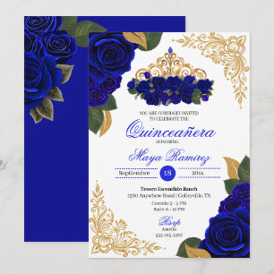 Blue Roses Gold Glitter Frames Tiara Quinceañera Invitation
