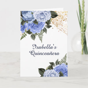 Blue Roses Gold Glitter Quinceañera Photo Invitation