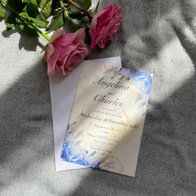 Blue Roses Gold Marble Wedding Invitation (Creator Uploaded)