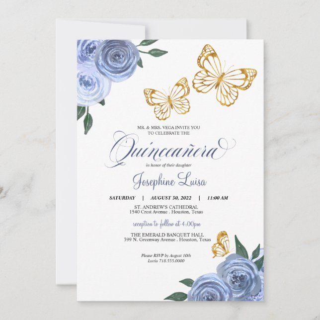 Blue Roses Golden Butterfly Quinceañera Birthday Invitation (Front)