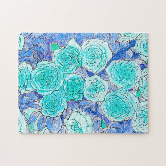 Blue Roses, Green Leaves Rose Garden Summer Flower Jigsaw Puzzle (Horizontal)