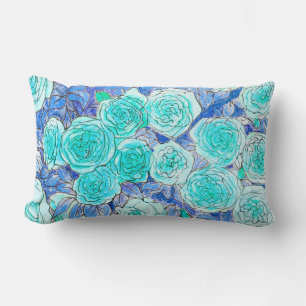 Blue Roses, Green Leaves Rose Garden Summer Flower Lumbar Cushion