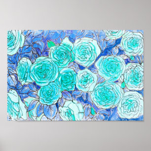 Blue Roses, Green Leaves Rose Garden Summer Flower Poster