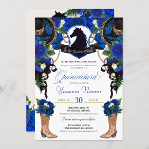 Blue Roses Horse Crest Elegant Charro Quinceanera Invitation