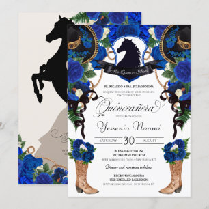 Blue Roses Horse Crest Elegant Charro Quinceanera  Invitation